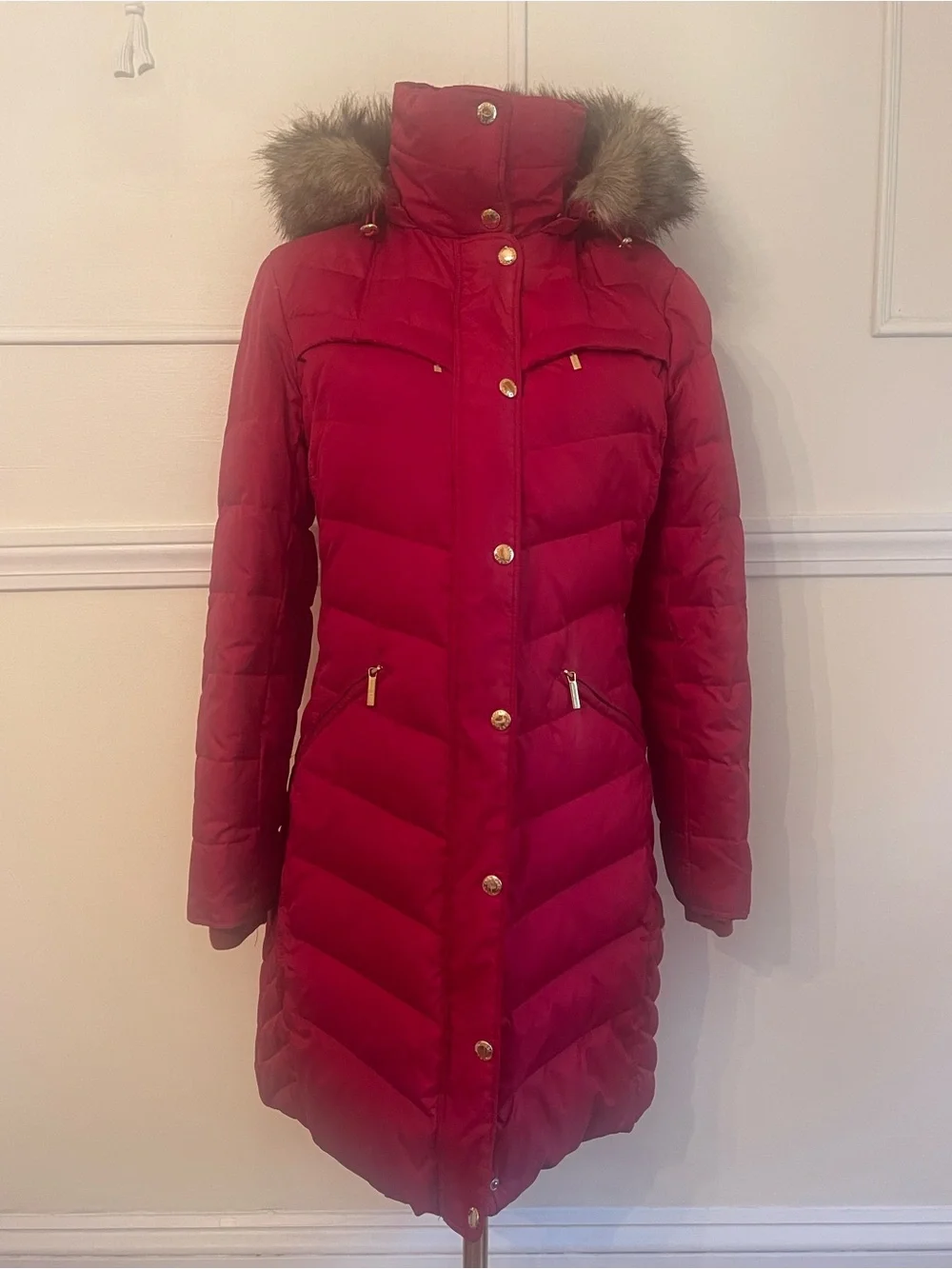 Michael Kors Red Long Quilted Puffer Coat with Faux Fur Hood